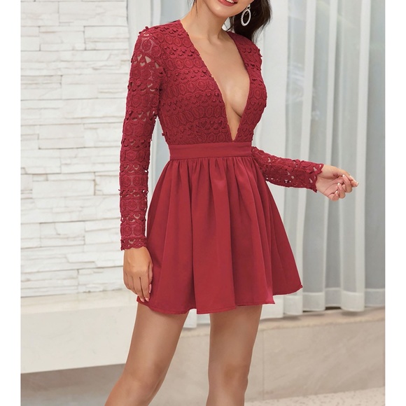 Red Plunge Guipure Lace Long Sleeve Skater Dress - Picture 6 of 16